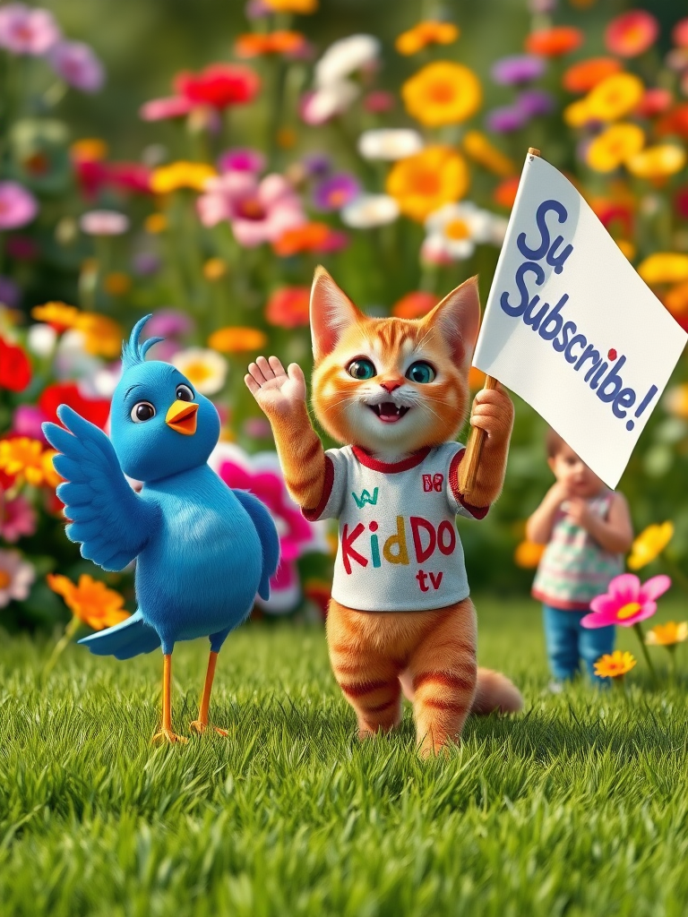 A realistic 4K scene of a Brown Cat and a Blue Bird standing on lush green grass, waving happily. The cat is wearing a shirt with 'KIDDO TV' printed on it. Nearby, a young child is holding a large flag that says 'Subscribe!' The vibrant garden background is filled with colorful flowers, creating a joyful and playful atmosphere.