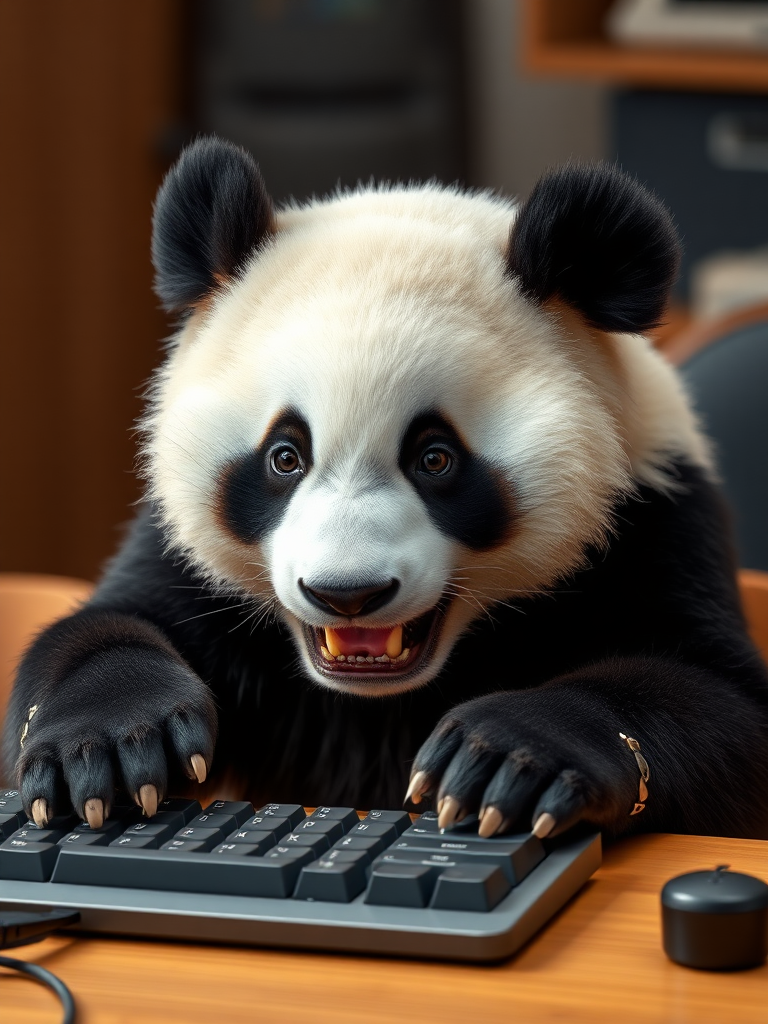 A photo realistic picture of a panda with a computer keyboard in his mouth, chewing away at the keyboard.