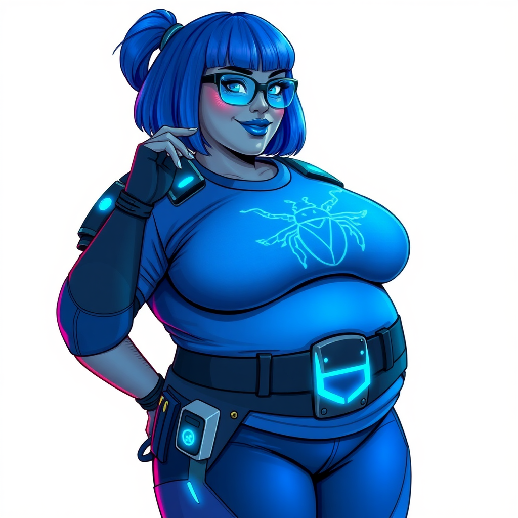 A 28-year-old, full-figured, metallic middle gray skinned, computer program hybrid with a maximum blue bob cut. She has a non-athletic, full-figured build, highlighted by a prominent, round, large midsection (with full emphasis on her large belly). As the full-figured, nerdy, digital sidekick to her cyberpunk vigilante boyfriend, her metallic middle gray skin and maximum blue lipstick emphasize her digital nature. She wears a digital, computerized costume inspired by DC’s Carrie Kelly Robin, consisting of a huge, tight-fitting, maximum blue t-shirt with a neon blue glowing chest icon of a beetle, hi-tech shoulder pads with neon blue accents, a black hi-tech belt with a digital neon blue glowing buckle, digital maximum blue pants with neon blue accents, and black hi-tech fingerless biker gloves with neon blue glowing accents. Her bright blue eyes, black eyeglasses with glowing neon blue lenses with a built-in HUD, and shy smile with neon red blush accentuate her nerdiness. She stands bashfully with one hand behind her back and the other hand gently touching her cheek, her costume covering all her skin and emphasizing her full-figured physique (especially her belly). She is clearly non-athletic, with a heavy focus on her large belly. Despite her build, she radiates beauty. She has a slim face compared to her physique, accentuating her radiant beauty. She is on a solid white background. She is drawn as if she were in a retro 2D cyberpunk fighting game.