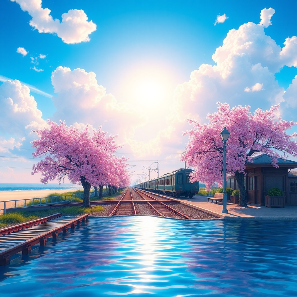 Beautiful pastel background wallpaper, blue sky, clouds, sunshine, ocean, beach, train, railroad crossing, old train station, detailed trees, cherry blossoms, detailed background, 8k, details, ultra realistic, pastelbg, clear water, water way,