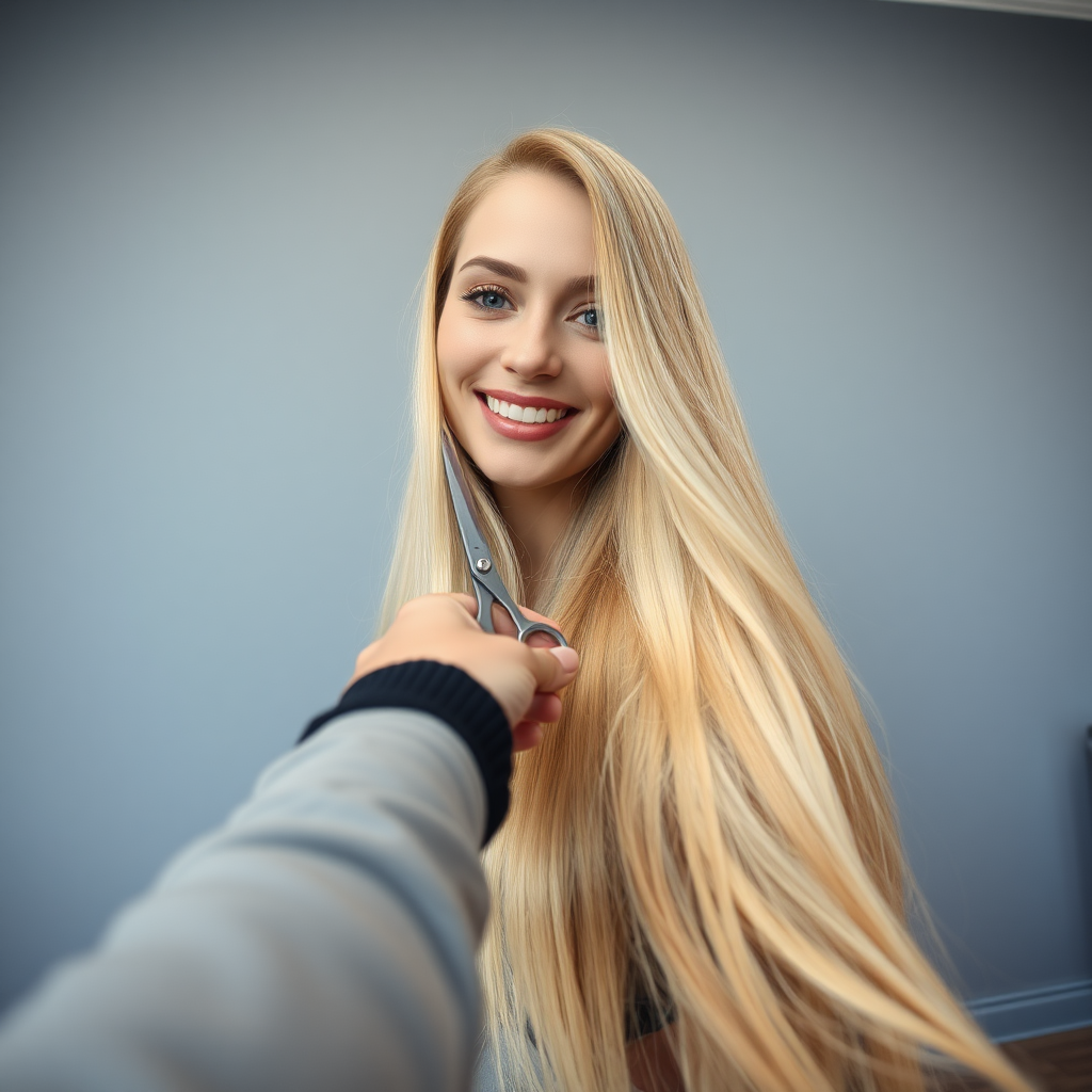 POV, beautiful very long haired blonde woman sitting in a hair salon smiling at the camera while I reach out from behind the camera to trim her very long hair. Plain gray background.