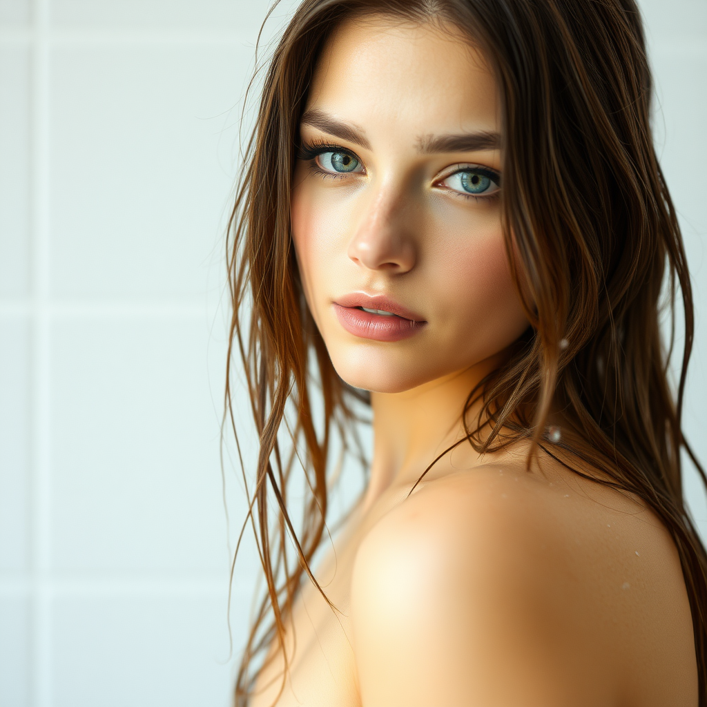 a young woman in the shower. Her long brunette hair is wet. photo