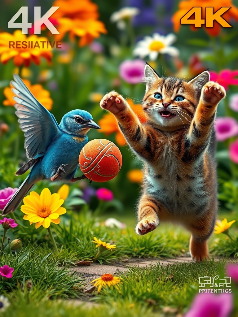 A realistic 4K scene depicting a Blue Bird joyfully holding a lost ball in its beak, having finally found it. Nearby, a Brown Cat is leaping with excitement, its expression filled with happiness. The colorful garden backdrop features vibrant flowers and lush greenery, capturing the celebration of their friendship and the thrill of the moment.