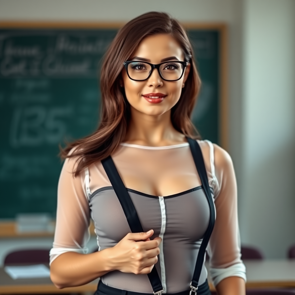 Help me produce a photo, standing upright in front, of a female teacher, beautiful, with elegant posture, sexy curves, wearing glasses, in a sheer bodysuit, black stockings and suspenders, around the age of twenty or thirty.