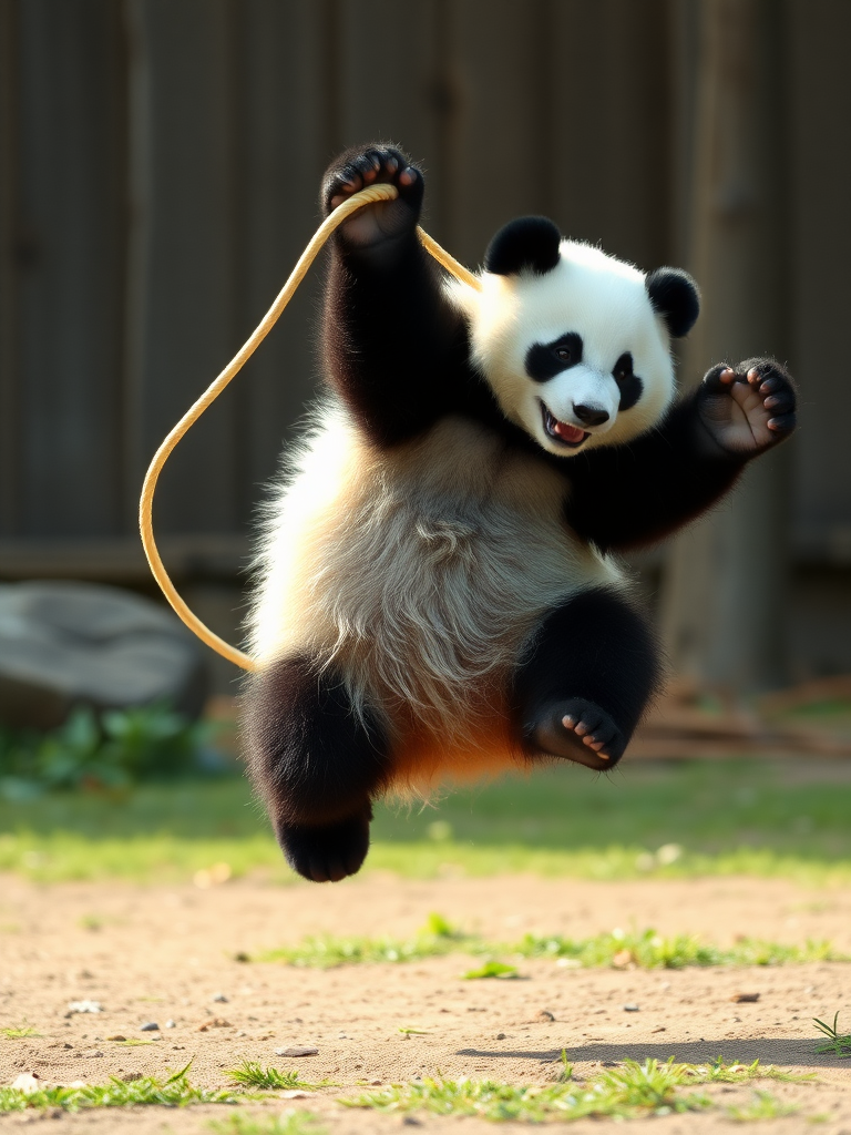 A picture of a panda bear jumping using a jumprope