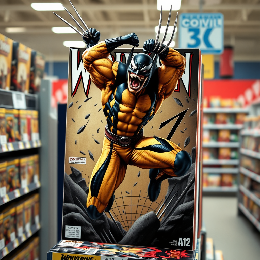 Jumping out of a Comic book cover on a store shelf is Wolverine impaling Venom up in the air over his head in Cinematic Real3D photo-realistic quality.