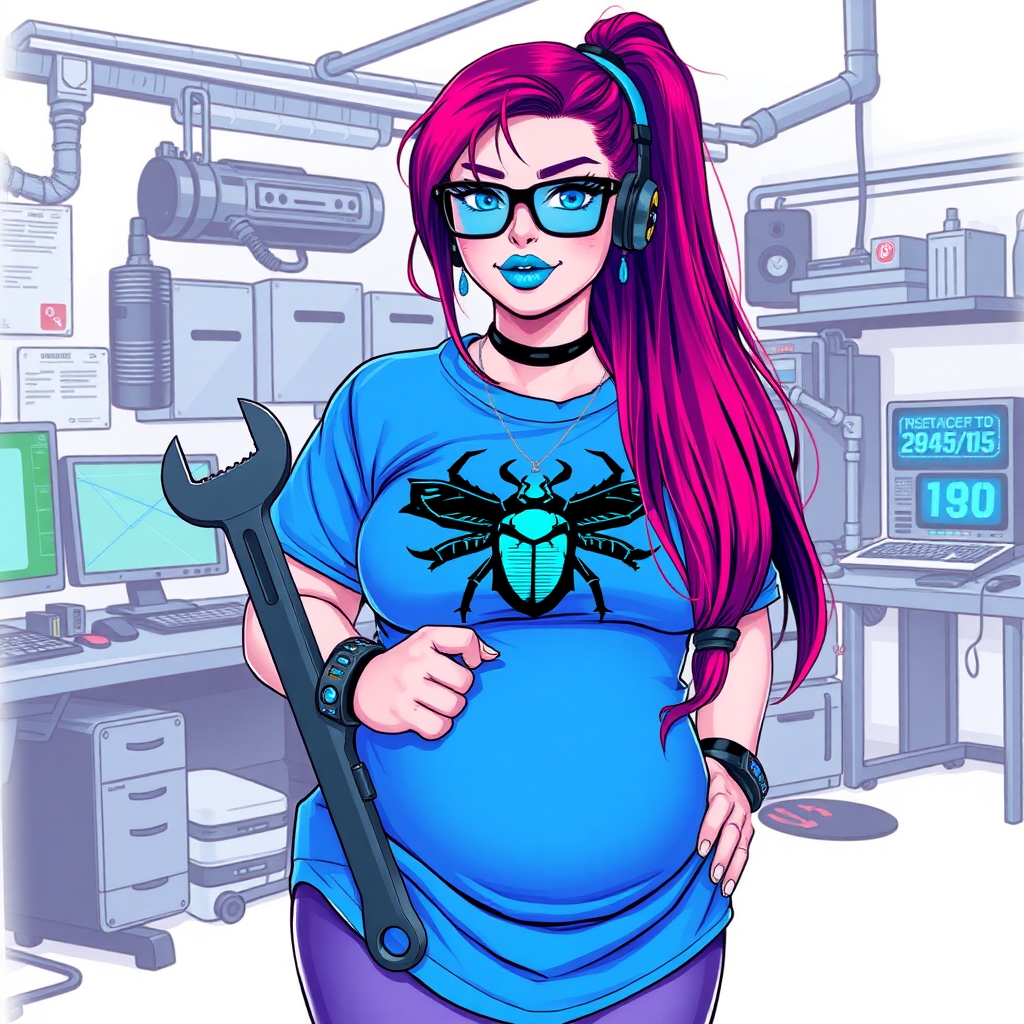 A cyberpunk vigilante’s full-figured intelligent and tech-savvy 29-year-old girlfriend, who is a computer hacker and tech genius. She has a long ruby red ponytail streaked with sky blue. She wears maximum blue lipstick, blue eyes, a sapphire beetle gemstone necklace, sapphire earrings, black eyeglasses, a futuristic holographic wristwatch computer, and an oversized maximum blue t-shirt featuring a neon blue beetle chest emblem. She has a full-figured, well-rounded physique with a prominent, round midsection, reflecting her well-cared-for lifestyle. Her round midsection is broadened and bloated to emphasize her figure. She sports a sapphire headset with a high-tech maximum turquoise lensed HUD, and a shy smile with a neon red blush. She is holding a futuristic hi-tech wrench while standing in her workshop in front of her computer desk and work bench. The background is solid white. She is drawn as if she was in a retro 2D cyberpunk fighting game.