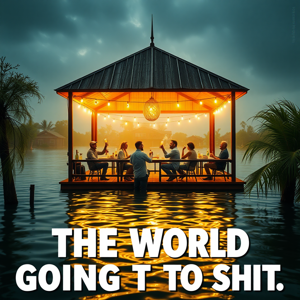 Create an image of a pavilion in a flooded environment and people comically partying on it drinking beer while the world is going to shit. Focus on the humorous contrast of the situation.