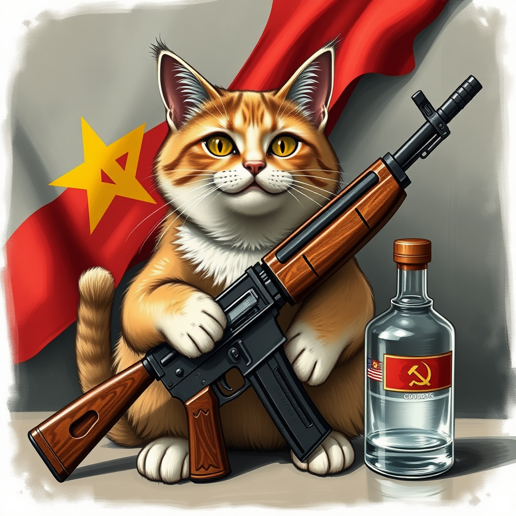 Soviet communist cat with an AK-47 and vodka and a Soviet flag