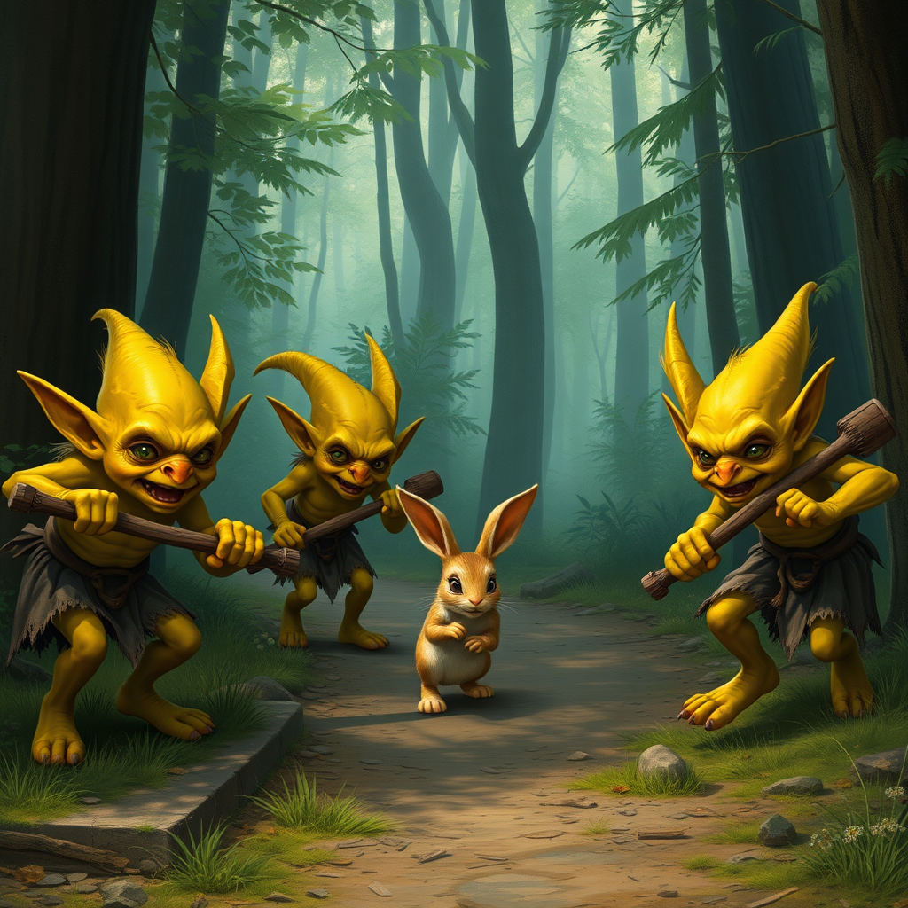 A realistic picture of several yellow goblins of different sizes and looks with wooden clubs looking at and chasing after a fleeing bunny along a forest path.