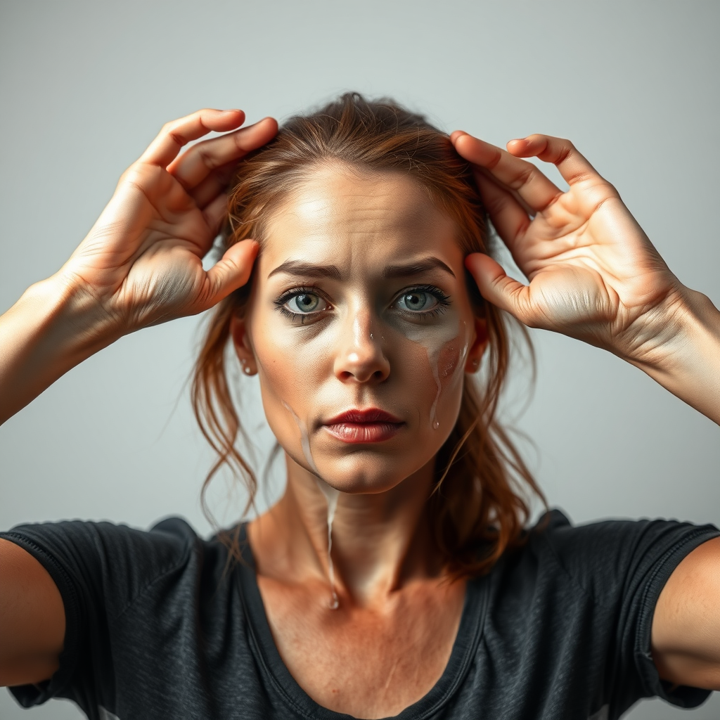 create an image of a woman who has become extremely sweaty. she is holding her arms up to allow air to cool off the region. she should be facing the viewer