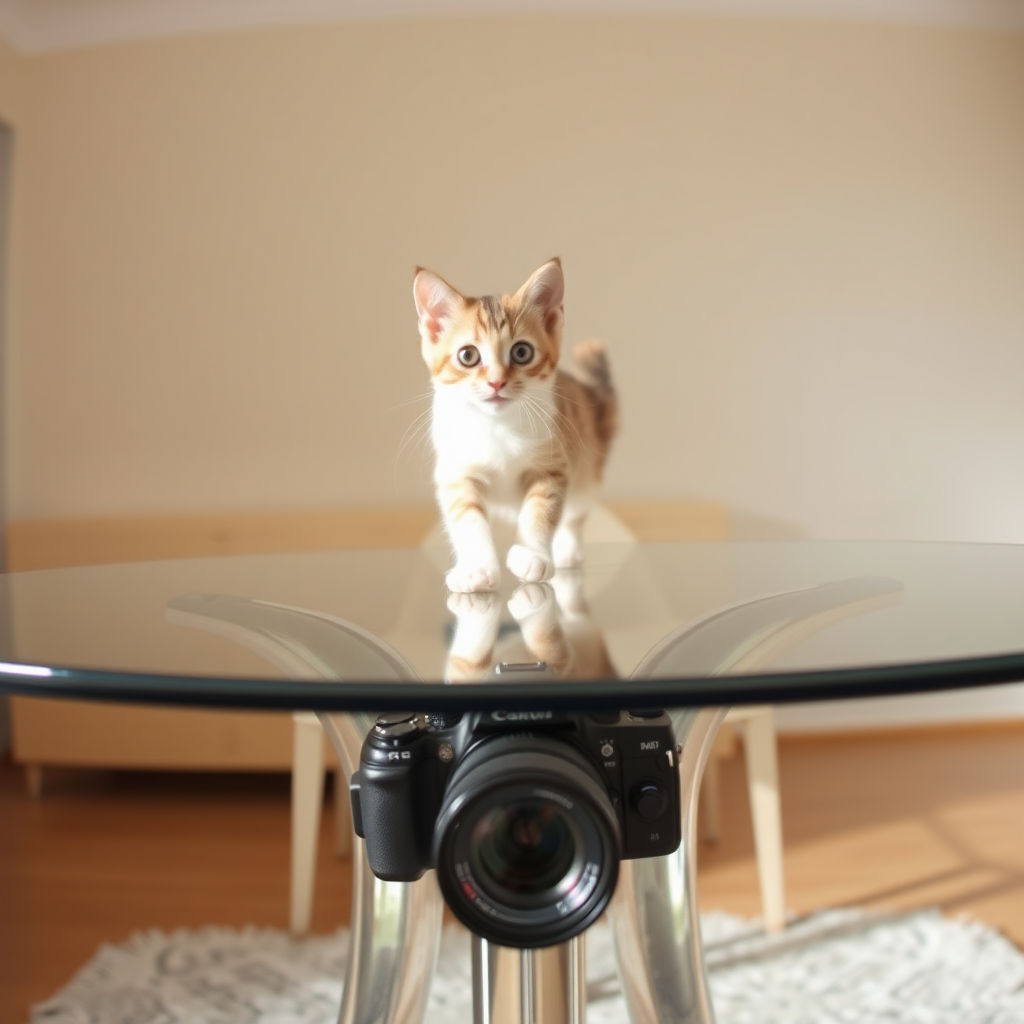 The camera is positioned directly below the transparent dining table, shooting vertically upward through the table. A cute little cat is walking on top of the dining table.