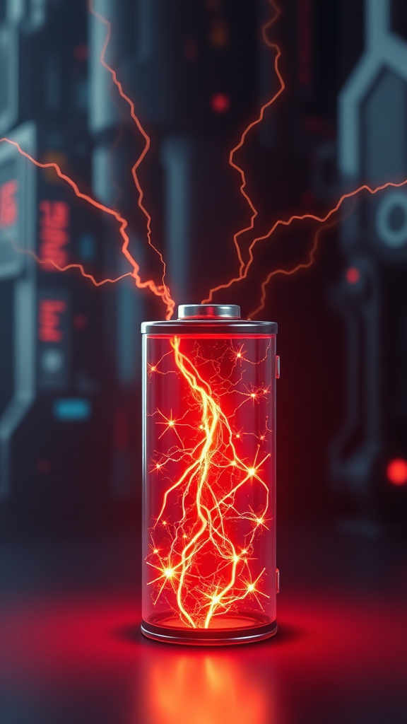 The appearance of an electric spark in a secondary battery, expressed as a realistic image with 3D rendering, the background expressed as a cybernetic and mysterious image, and the overall color as a luxurious and stable color.