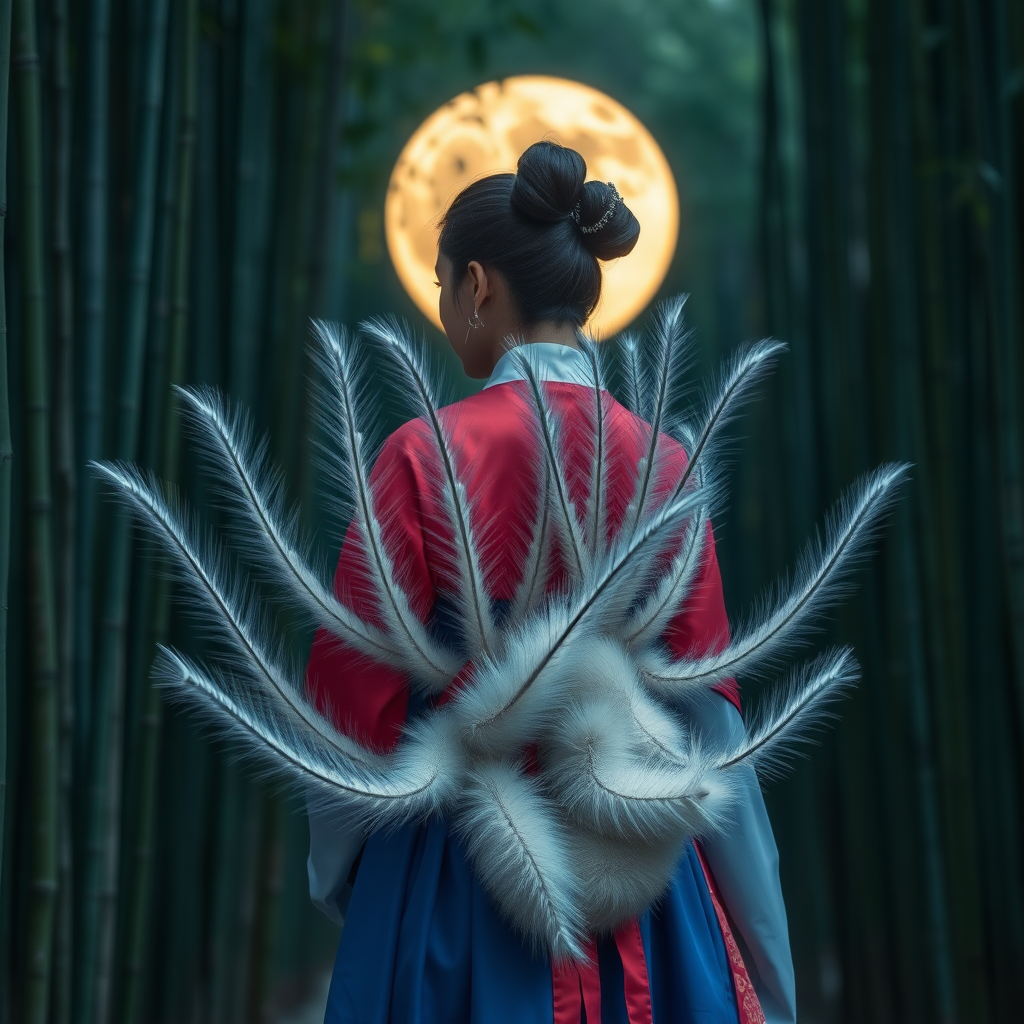 A Korean Woman in an ancient Hanbok, with nine silver white 20 centimeter thick one meter long foxtails that come from her ass, in front the full moon in a bamboo forest