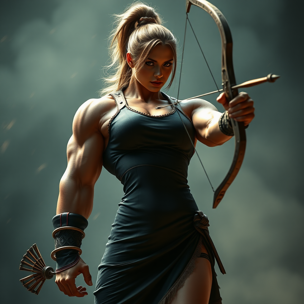 strong massive huge muscular bodybuilder girl, sleeveless dress, archer, photo