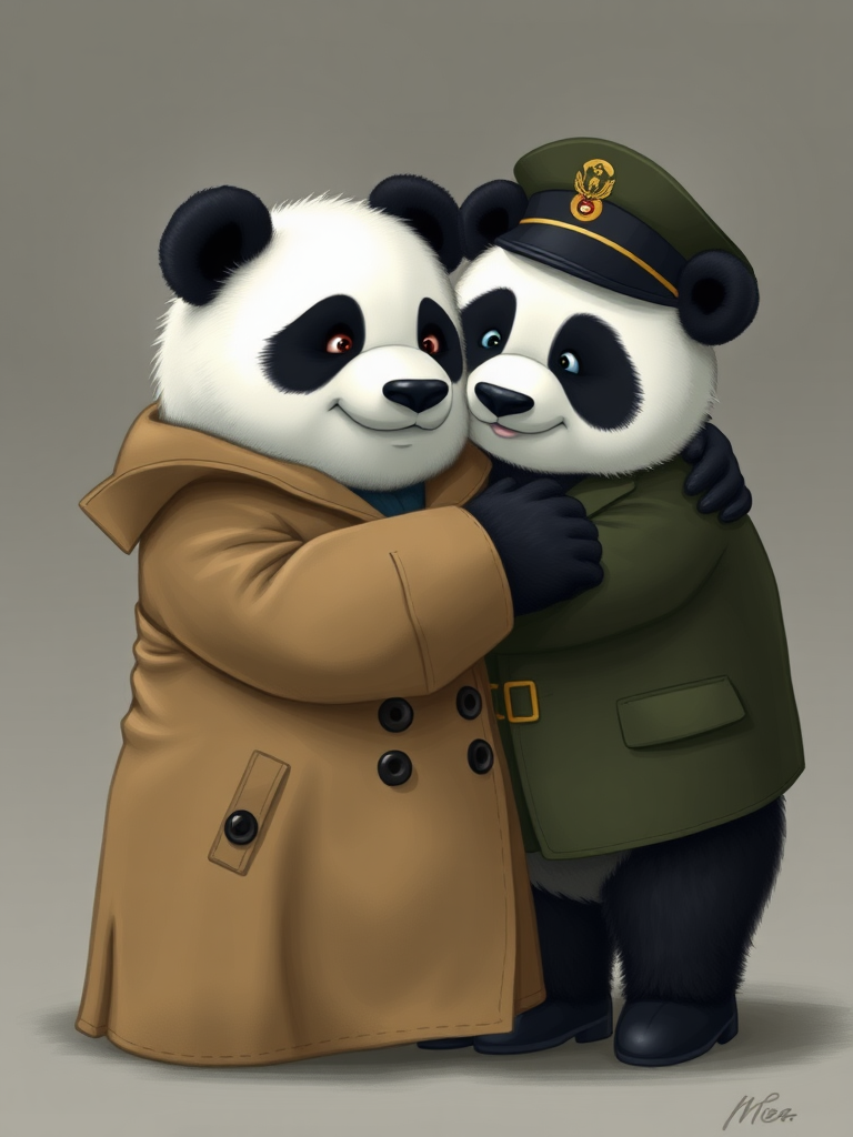 A picture of two panda bears hugging. One is wearing a trenchcoat and the other is wearing a military uniform.