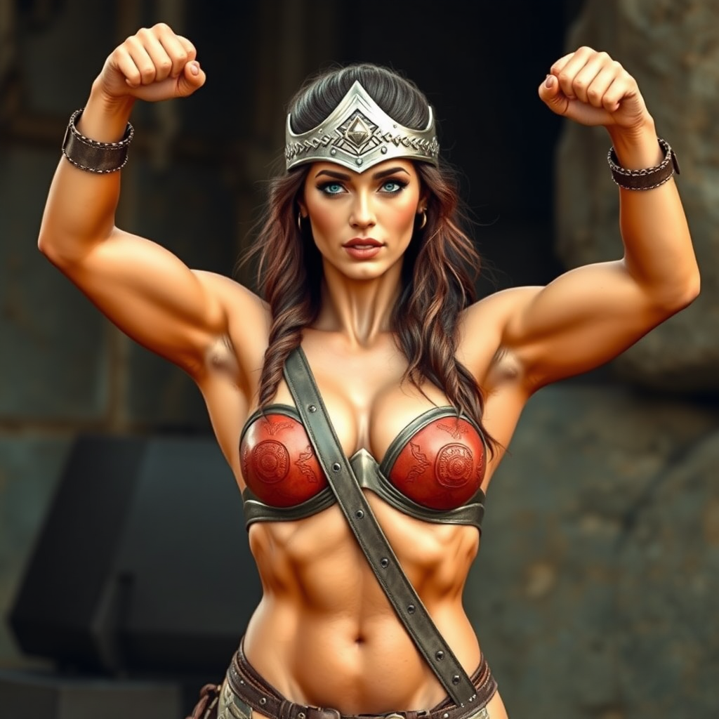 a legendary warrior flexing her Amazonian figure. Arms up. Insanely detailed DSLR photograph