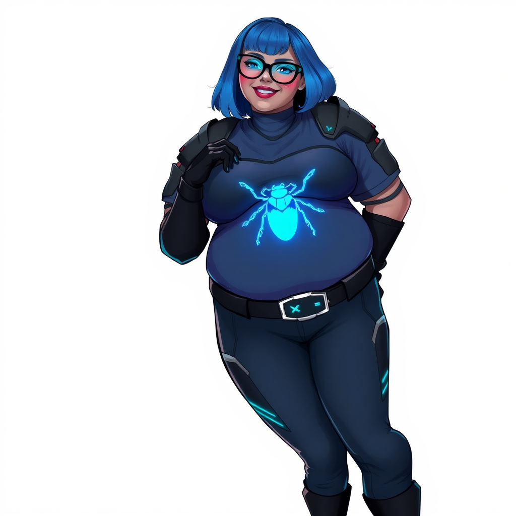 A 28-year-old, full-figured, middle gray skinned computer program hybrid with a maximum blue bob cut. She has a non-athletic build, highlighted by a prominent, round, large midsection (with emphasis on her belly), reflecting her new eating habits. As the full-figured, nerdy, digital sidekick to her cyberpunk vigilante boyfriend, her middle gray metallic skin and vibrant blue lipstick emphasize her digital essence. She wears a high-tech, computerized costume, consisting of a large, tight-fitting, maximum blue t-shirt with a neon blue glowing chest icon of a beetle, advanced shoulder pads with neon blue accents, a black high-tech belt with a digital neon blue glowing buckle, digital maximum blue biker pants with neon blue accents, and black high-tech biker gloves with neon blue glowing accents. Her neon blue glowing eyes, black eyeglasses with neon blue glowing lenses featuring a built-in HUD, and shy smile with neon red blush accentuate her nerdiness. She stands bashfully with one hand behind her back and the other hand gently touching her cheek, her costume covering all her skin and emphasizing her full-figured physique (especially her belly). She is clearly non-athletic, with a focus on her full-figured physique. Despite her build, she radiates beauty. She has a slim face compared to her physique, accentuating her radiant beauty. She is on a solid white background. She is drawn as if she were in a retro 2D cyberpunk fighting game.