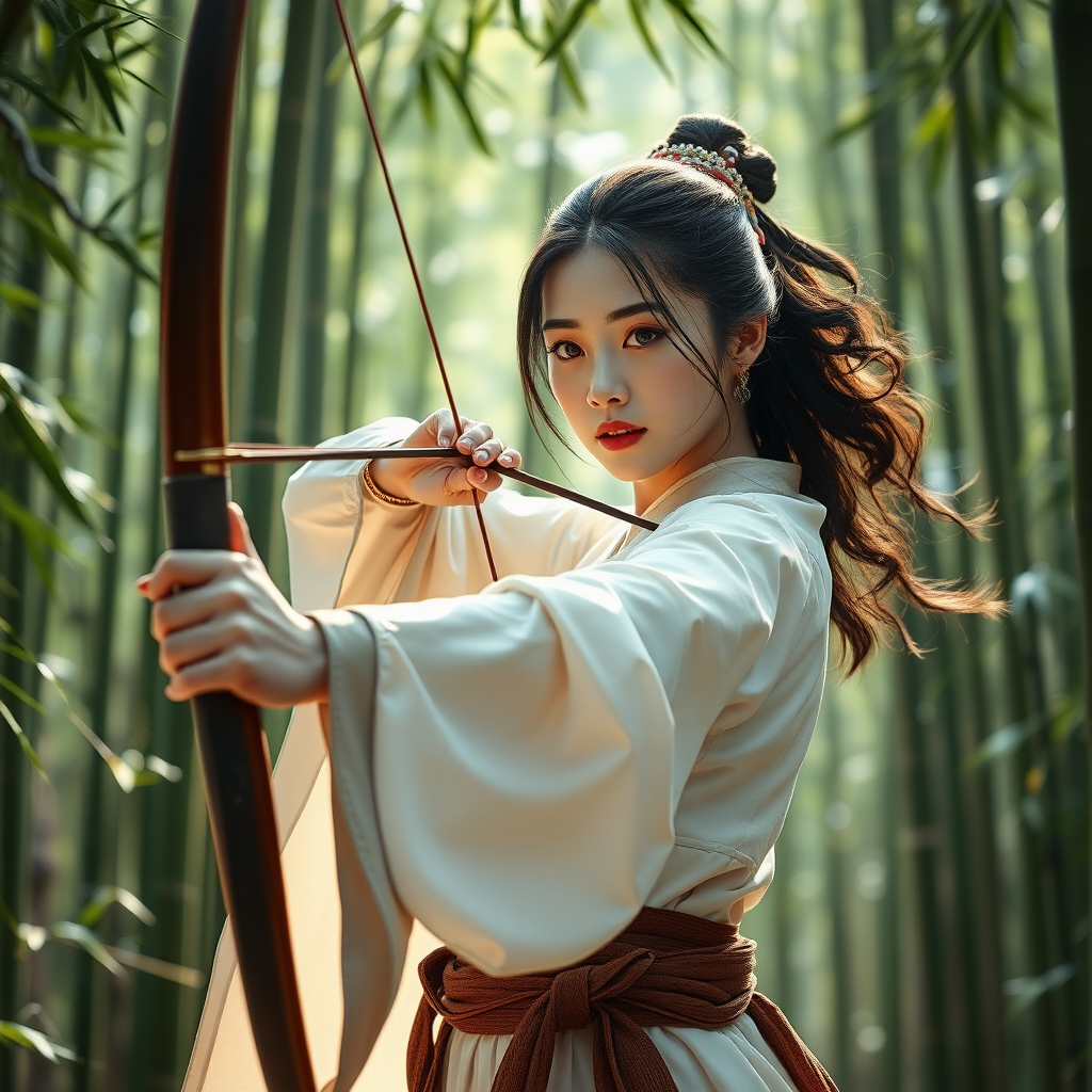 From a full-body perspective, a beautiful woman in the Tang Dynasty of China, a chivalrous man, dressed in white, pulled open her bow and arrow, and was in the bamboo forest. Movie poster, game cg.