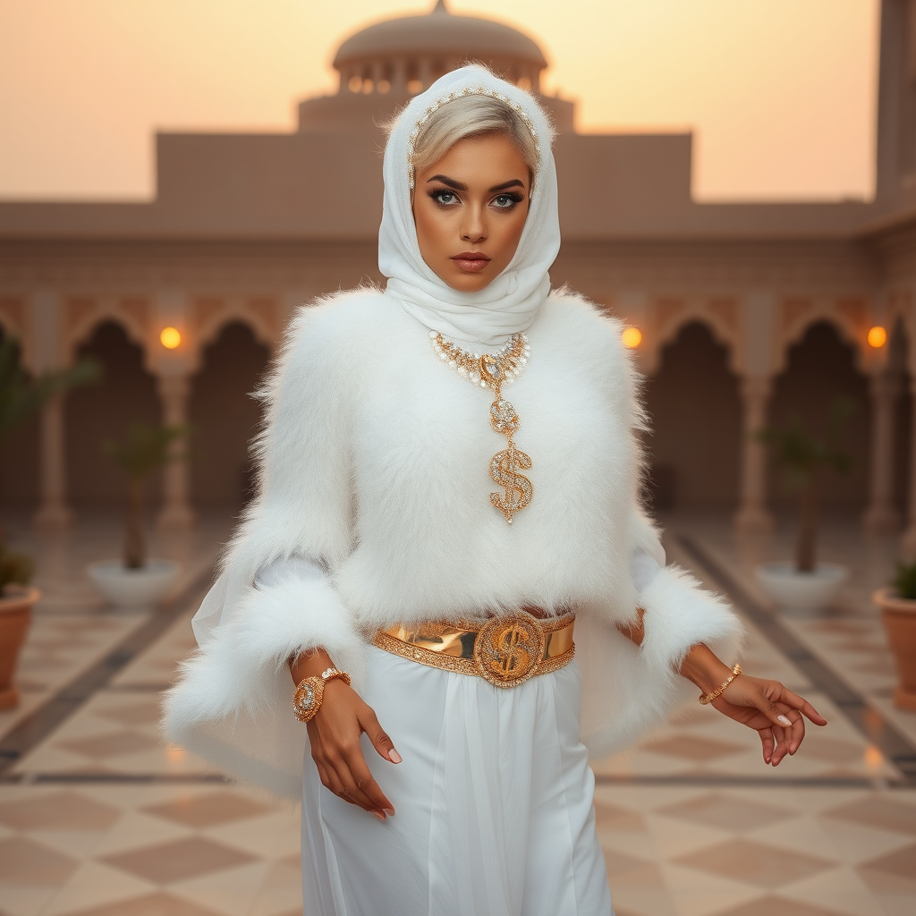 Kuwait desert palace harem patio misty dawn: Melissa, European 17 years old very convincing femboy “trophy-bimbo”, tamed servile docile, very beautiful feminine flawless face, rather short, by hormones very curvaceous womanly figured, platinum blond short tight curls, heavily made-up eyes, wearing Supertanya-style fluffy very fuzzy bright white angora turtleneck-poncho cropped ending under bust decorated with pearls and gemstones, striking oriental wide gold bridal protection belt, white fully transparent harem pants, full Oriental bridal jewelry, face covered by white sheer full Burka, coin anklets, striking diamond “$$$” letter brooch on left chest, pout frustrated, seductively dancing for the sheik, looking at camera. Focus on face and turtleneck-poncho.