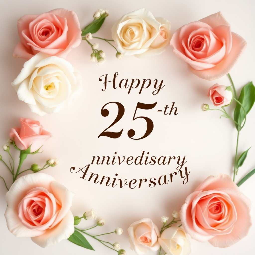 Create a soft, elegant image for a 24th wedding anniversary with a subtle 25-1 motif, blending celebration and love. Include delicate flowers, such as roses or lilies, arranged around a message that reads: "Happy 25-1th Wedding Anniversary". Incorporate soft pastel colors like pinks, creams, and whites. The overall vibe should be warm, romantic, and joyous, capturing the essence of love and commitment over the years.