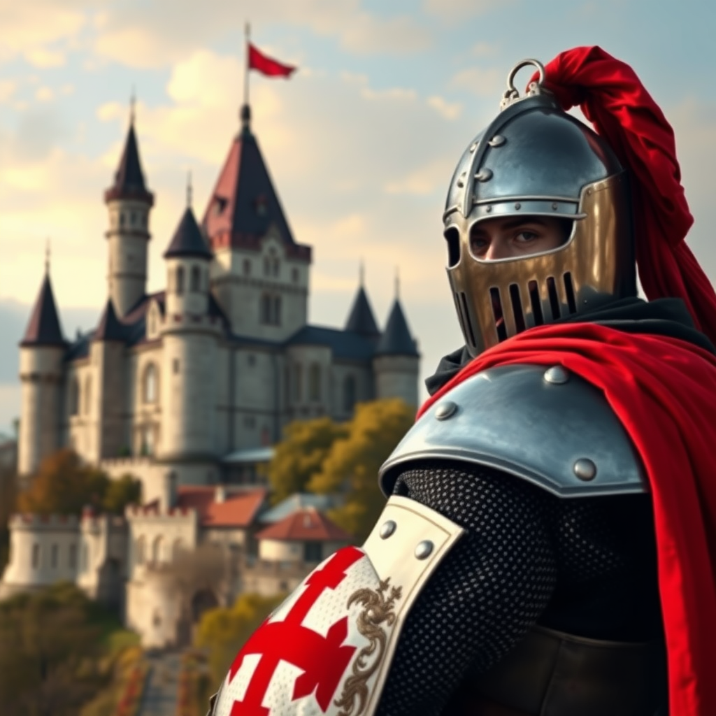 A knight of the Teutonic Order in black, white, and red colors, the background a beautiful castle. Realistic photo.