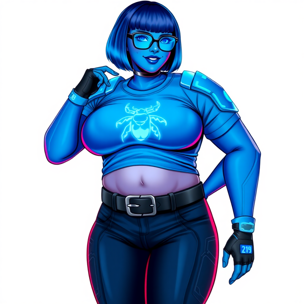 A 28-year-old, full-figured, metallic maximum blue (5PB 5/10) skinned computer program hybrid with a maximum blue bob cut. She has a non-athletic build, highlighted by a prominent, round, large midsection (with full emphasis on her round belly), which shows the effects of her love of junk food acquired from her boyfriend. As the full-figured, nerdy, digital sidekick to her cyberpunk vigilante boyfriend, her metallic maximum blue skin and maximum blue lipstick (5PB 5/12) emphasize her digital nature. Her skin has a subtle, animated glow, with digital patterns occasionally flickering across it, making her digital nature obvious. She wears a digital, computerized, superhero costume, consisting of a massive, tight-fitting, maximum blue t-shirt (5PB 5/12) made out of advanced nanotech with a neon blue chest icon of a beetle, hi-tech shoulder pads with neon blue accents, a black hi-tech belt with a digital neon blue glowing buckle, digital maximum blue biker pants (5PB 5/12) with neon blue accents, and black hi-tech fingerless biker gloves with neon blue glowing accents. Her neon blue glowing eyes, black eyeglasses with neon blue glowing lenses equipped with a built-in HUD, and bashful smile with neon red blush accentuate her nerdiness. She stands bashfully with one hand behind her back and the other hand gently touching her cheek, her costume covering all her skin (especially her midsection) and fully emphasizing her full figure (especially her round belly). She is clearly non-athletic, with a focus on her full-figured physique. Despite her build, she radiates beauty. She has a slim face compared to her physique, accentuating her radiant beauty. She is on a solid white background. She is drawn as if she were in a retro 2D cyberpunk fighting game.