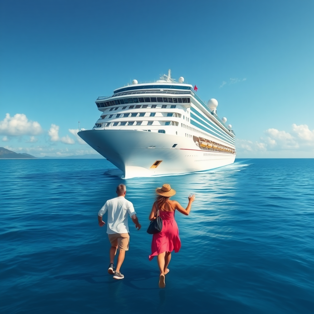 create a photo realistic image of a tourist couple running towards their cruise ship, but the ship has sailed away. Make the image rectangle and not square