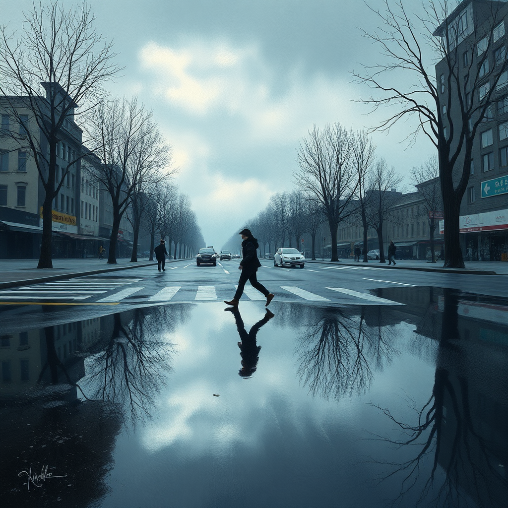 **Revised Image Prompt**

---

### **Title:**
**Solitary Reflections**

### **Artistic Vision:**
Create a profoundly moving acrylic impasto painting that captures the silent journey of a lone figure navigating an urban landscape. The artwork should intertwine hyper-realistic detail with an ethereal, dreamlike atmosphere, evoking contemplation on themes such as humanity’s relationship with nature and spirituality. This piece aims to resonate emotionally with viewers, leaving a lasting impression through its serene yet somber mood and meticulous artistry.

### **Scene Description:**
Depict a solitary figure crossing an urban street beside a large puddle that mirrors the cloudy, overcast early spring sky and the starkly bare trees in the background. The composition should evoke a serene yet somber atmosphere, seamlessly blending the gloomy cityscape with the tranquil reflections in the puddle. Employ an off-center placement for the subject to draw the viewer’s eye across the scene, balancing the intimate close-up of the figure and puddle with the expansive urban backdrop.

### **Key Artistic Elements:**
- **Chiaroscuro Lighting:** Utilize a tranquil chiaroscuro effect with a subtle interplay of light and shadow to enhance depth and clarity.
- **Color Palette:** Implement soft, delicate colors complemented by striking contrasts between the bright reflections in the puddle and the gloomy sky.
- **Textures:** Use hyper-realistic textures with 3D brush strokes to create a tactile, immersive experience.
- **Composition:** Achieve a balanced and cohesive layout that captivates both technically and emotionally, emphasizing gentle, lifelike depth.

### **Technical and Artistic Specifications:**

- **Resolution & Display:**
  - Render in stunning **64K UHD** resolution with a broad color spectrum and intricate detail, ideal for high-profile platforms like ArtStation and Behance.
  
- **Digital Art Techniques:**
  - Utilize advanced tools such as **Corel Painter**, **ZBrush**, and **Adobe Photoshop** to achieve remarkable 3D volume, exquisite shading, and ultra-fine detailing.
  
- **Materials & Textures:**
  - Incorporate high-quality pigments, metallic flakes, and glass beads to ensure textures radiate vibrancy under raking light.
  
- **Lighting & Depth:**
  - Implement a tranquil chiaroscuro effect with a subtle interplay of light and shadow.
  - Use soft, delicate colors alongside nuanced shades of grey, black, and white to enhance depth without overwhelming.
  
- **Rendering Quality:**
  - Employ advanced rendering techniques and 3D volumetric effects for unparalleled detail and sharpness.
  - Include a hyper-realistic pencil sketch texture for intricate details.
  
- **Composition & Focus:**
  - Emphasize gentle, lifelike depth and striking details with a cinematic close-up approach.
  - Use a balanced **f/11 aperture** and a raw photographic style with advanced v6 enhancements to render vivid colors and minute details at an unparalleled level of realism.
  
- **Overall Harmony:**
  - Achieve maximum harmony across all elements, resulting in a balanced and cohesive composition that captivates both technically and emotionally.

### **Additional Elements to Include:**
- **Symbolism:** Integrate subtle gestures, expressions, or symbolic motifs to add deeper emotional resonance, provoking contemplation on the depicted themes.
- **Detailing:** Ensure impeccable draughtsmanship with flawless anatomical precision in the figure and botanical accuracy in the bare trees.
- **Lighting Effects:** Utilize the interplay of light and shadow to evoke lifelike realism and enhance the dreamlike atmosphere.

### **Final Outcome:**
The final artwork should be a compelling masterpiece that captivates viewers, encouraging them to pause and reflect long after experiencing it. It should demonstrate peerless technical mastery combined with a profound artistic vision, affirming art's vital role in cultural and intellectual life. The signature on the piece should signify its stature, standing proudly alongside works by history's masters. 

---