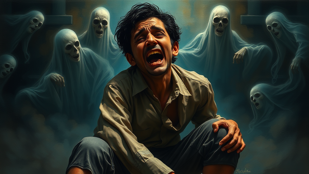 With his knees buckling, Miguel's anguished face twists in despair as ghostly voices echo around him, pleading for liberation and fairness. The haunting scene captures Miguel's emotional turmoil in vivid detail, his features contorted with pain and sorrow. This striking image, most likely a carefully crafted painting, vividly depicts Miguel's inner turmoil and the intense emotions he is experiencing. The artist's meticulous attention to detail and expert use of color and composition make this image a masterpiece of emotional storytelling, drawing viewers into Miguel's world of suffering and longing.