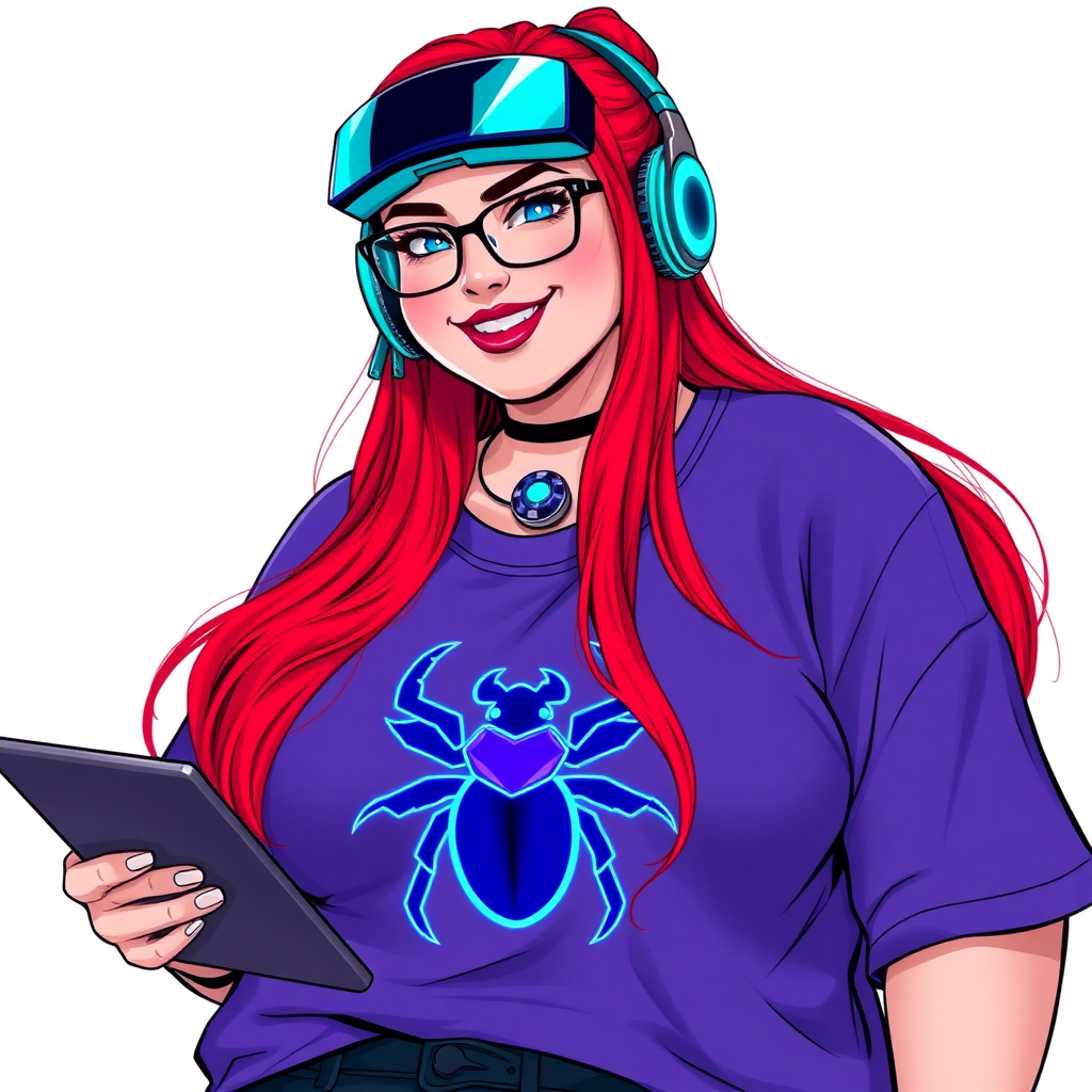 A cyberpunk vigilante’s fat intelligent and tech-savvy 29-year-old girlfriend, who is a computer hacker and tech genius. She has a long ruby red ponytail and bright blue eyes. She wears a sapphire beetle gemstone necklace, and an oversized maximum blue t-shirt featuring a giant neon blue glowing icon of a beetle on its chest. She has a full-figured physique with a prominent, gargantuan, round midsection, reflecting her well-cared-for lifestyle. The midsection is heavily emphasized. She sports a sapphire headset with hi-tech maximum turquoise lensed HUD visor, black eyeglasses, and a beaming smile with a passionate bright red blush. Despite her figure and a lack of self-esteem, she radiates an air of beauty. She has an angular face which contributes to her radiant beauty. She serves as his tech expert from his hideout, holding a holographic tablet and a hi-tech tool wrench. The background is solid white. She is drawn as if she was in a retro 2D cyberpunk fighting game. Make sure her shirt covers her round midsection.