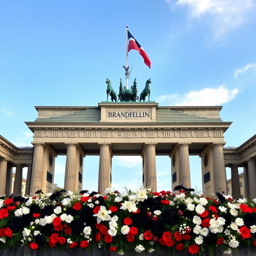 The Brandenburg Gate is adorned with black, white, and red flowers, a flag is waving on the gate.