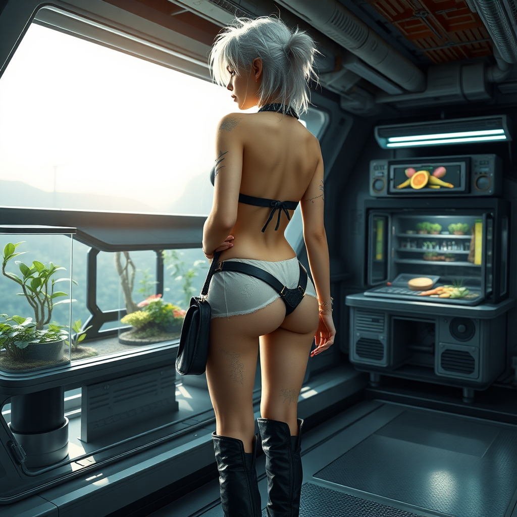 A full body shot from behind of a pretty twenty-something elf girl with a face resembling (ana de armas). large chest, wide hips, narrow waist, thick thighs, pale, freckles, messy long white hair. crop top, thong, cyberpunk 2077, space station, food terrarium, high heel ankle boots, collar, purse and jewelry. Photorealistic digital matte painting, soft focus, film grain, lens flare. She is looking through glass. landscape beyond.