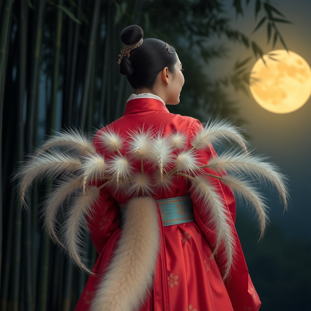 A Korean Woman in an ancient Hanbok, with 9 silver white 20 centimeter thick one meter long foxtails that come from her ass, in front the full moon in a bamboo forest.