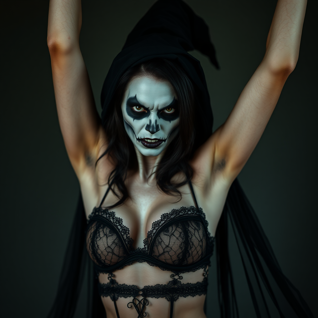 imagine: An undead witch with a beautifully sinister face both arms up menacingly at the viewer intensely with one arm up high in the air. She's wearing enticing lace undies loose fitting and hinting at dark secrets beneath. Cosplayed by a Romanian dancer.