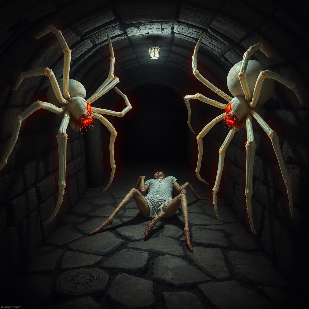 A dark basement medieval cellar with two large white spiders with red highlights crawling around and a cocooned human body in the center of the floor.