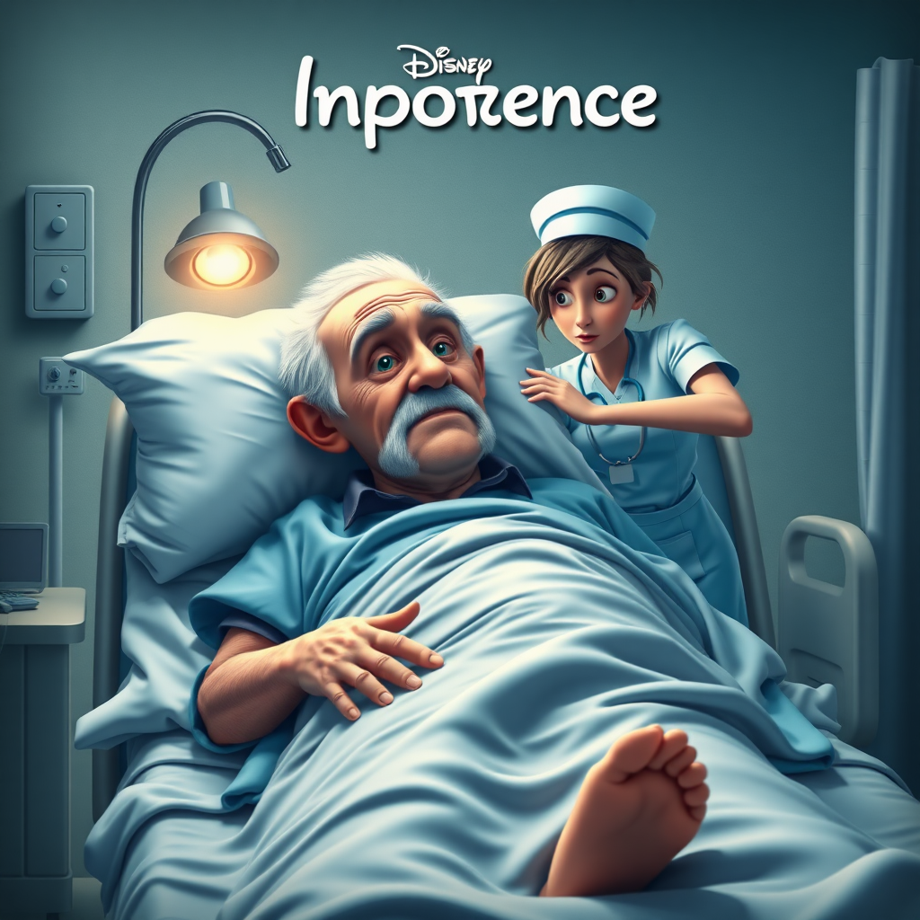 High quality, detailed, Disney 3D style film poster of an old man on a hospital bed with a huge erection under the blanket and a young skinny attractive nurse "impotence"