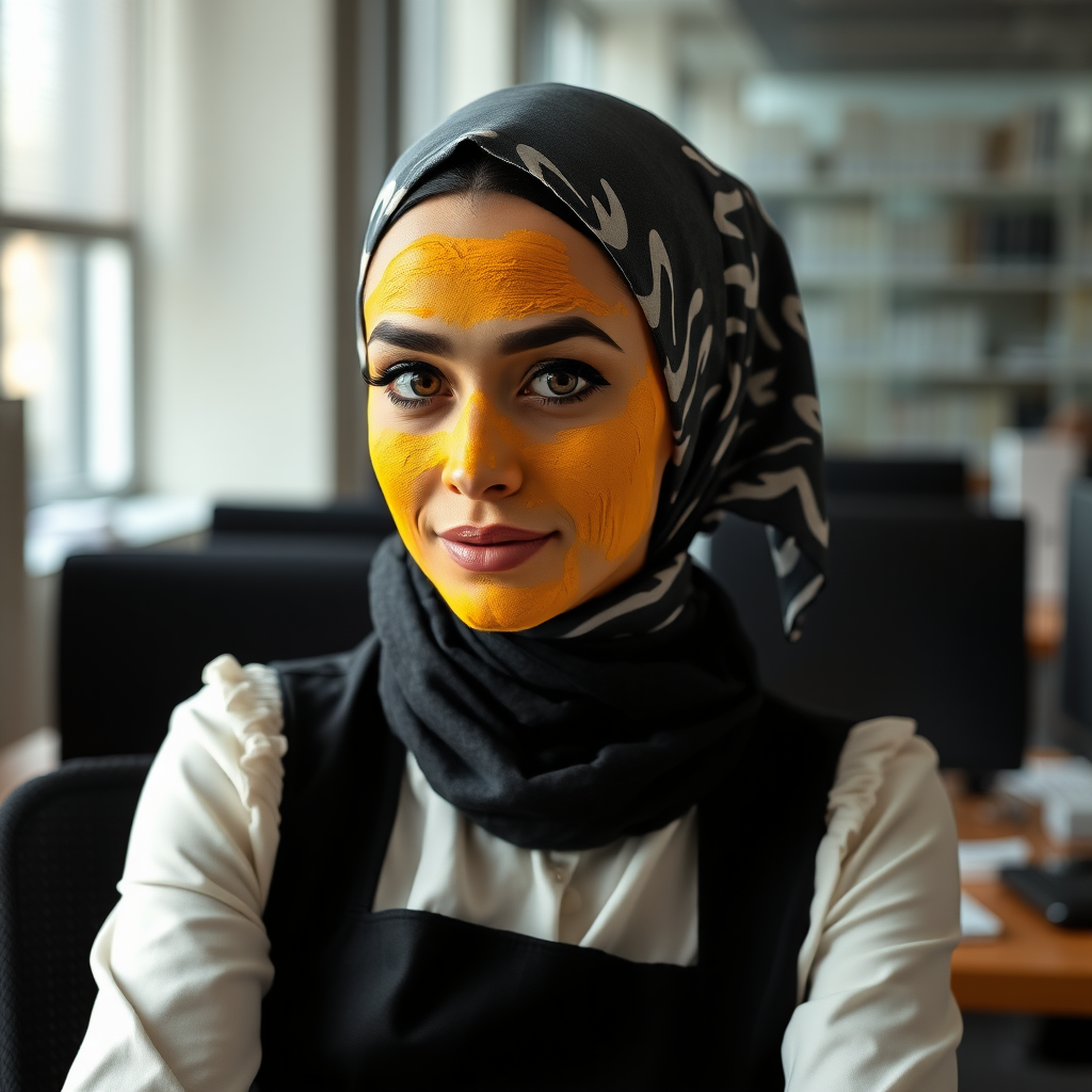 slim, modern, french maid, scarf head, turmeric paste on face, working in office