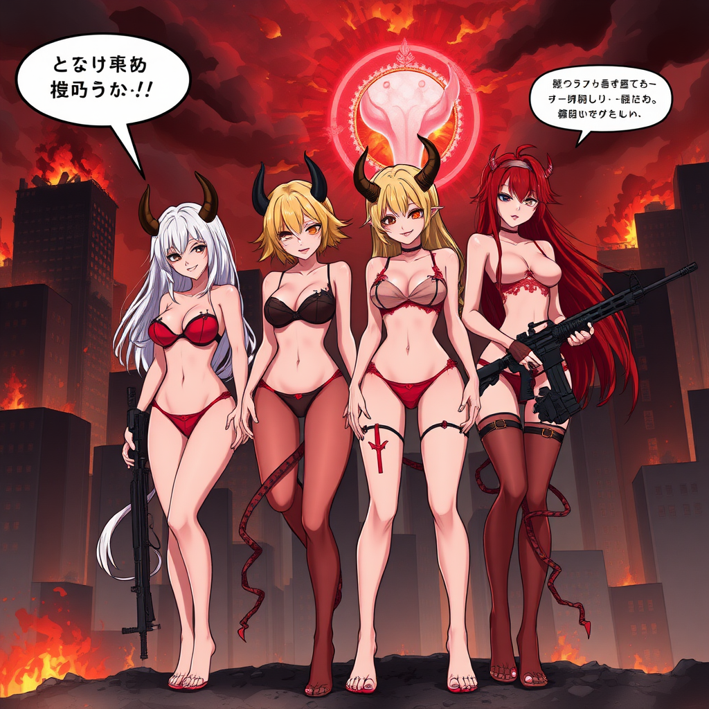 Anime, city on fire background, 4 mischievous tall-slender demon women, short blond hair, wearing sexy-micro bikini-bra-like clothing, micro g-string bikini, Womb tattoo on belly, mischievous wicked lusty smile, large breasts, full body, long legs, looking at viewer, speech bubble with a burning city, holding rifle, a building crumbling and exploding, 1 women has long-white hair with 2 middle fingers, a pink vagina-shaped portal opened afar, 2nd women has long-crimson hair and is wearing nothing but red-gem tit coverings.