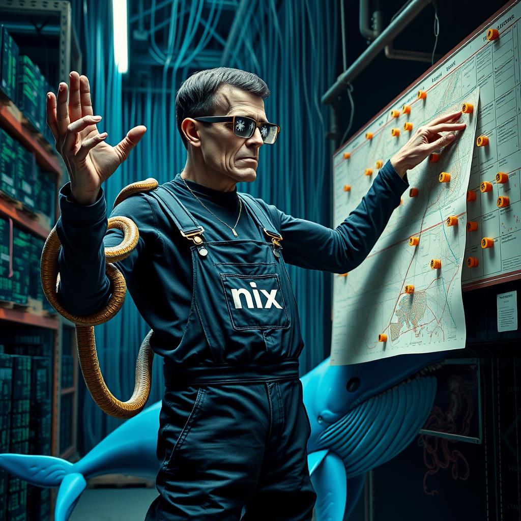 a realistic photo of a cyberpunk frankenstein holding a big map in one hand and reaching for marker pins on a high board in a data warehouse. Pythons are around his arms. In the background are streams of data. His Overall reads "nix". He wears glasses in shape of snowflakes. he stands in front of a puzzled blue whale with intestines coming out.