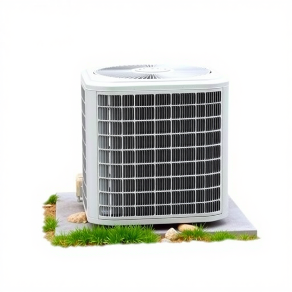 A simple, realistic image of a standard residential outdoor air conditioning unit or condenser. The unit should be placed on a flat surface, such as a concrete pad, and surrounded by some basic landscaping elements like grass, small shrubs, or rocks. The unit should be a neutral color like white, beige, or gray. The image should have a plain, uncluttered background to serve as a generic stock photo.