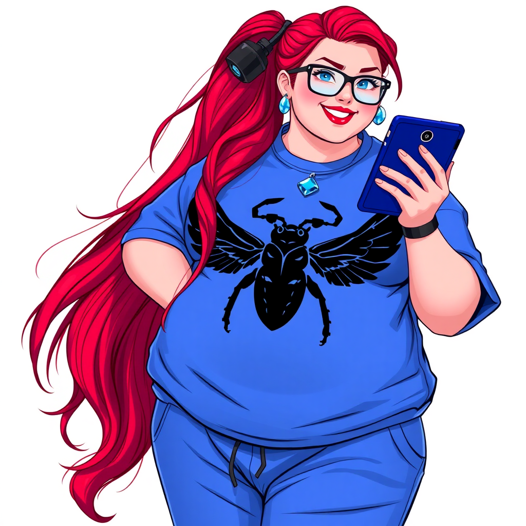 A cyberpunk vigilante’s full-figured intelligent and tech-savvy 29-year-old girlfriend, who is a computer hacker and tech genius. She has a long ruby red ponytail and bright blue eyes. She wears a sapphire beetle gemstone necklace, an oversized Maximum Blue (RGB 71, 171, 204) t-shirt featuring a giant black chest icon of a winged beetle, and matching Maximum Blue sweatpants. She has a full-figured physique with an enormous, well-rounded midsection, reflecting her well-cared-for lifestyle. The midsection is heavily emphasized. She sports a sapphire headset with hi-tech Maximum Blue (RGB 71, 171, 204) lensed HUD visor, Maximum Blue (RGB 71, 171, 204) lipstick, black eyeglasses, and a beaming smile with a passionate bright red blush. Despite her figure and a lack of self-esteem, she radiates an air of beauty. She has an angular face which contributes to her radiant beauty. She serves as his tech expert from his hideout, holding a holographic tablet and a hi-tech tool wrench. The background is solid white. She is drawn as if she was in a retro 2D cyberpunk fighting game. Make sure her outfit covers her enormous midsection.