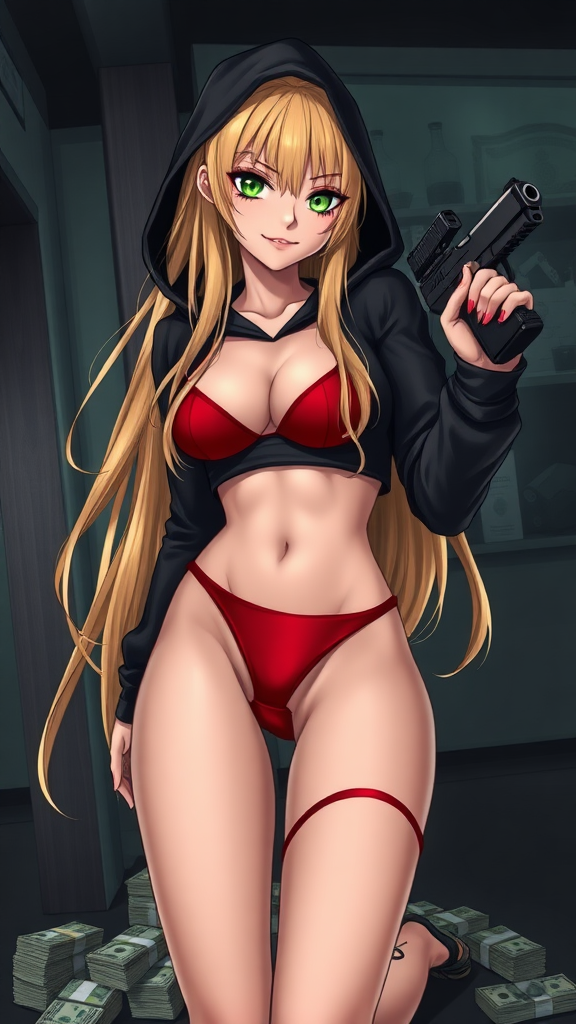 Anime, a sexy seductive and wicked long-blond hair, green-eyes with makeup eyelashes, wearing a black-dark swagger hoodie under a red-bikini and red-gstring thong, wicked smile, holding glock-gun in left-hand, money bags on floor stolen