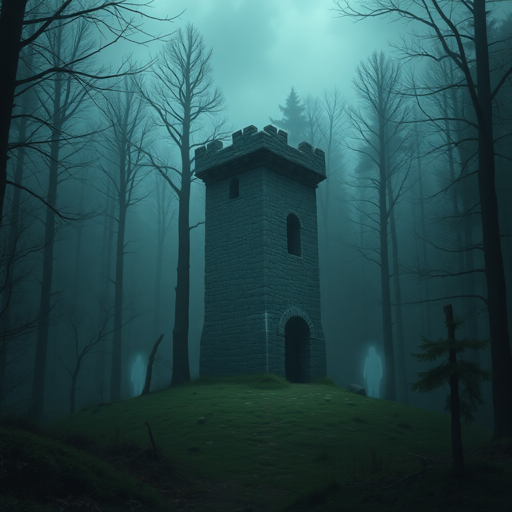 A small medieval stone tower in a dark forest clearing with very faint ghost-like forms around it.