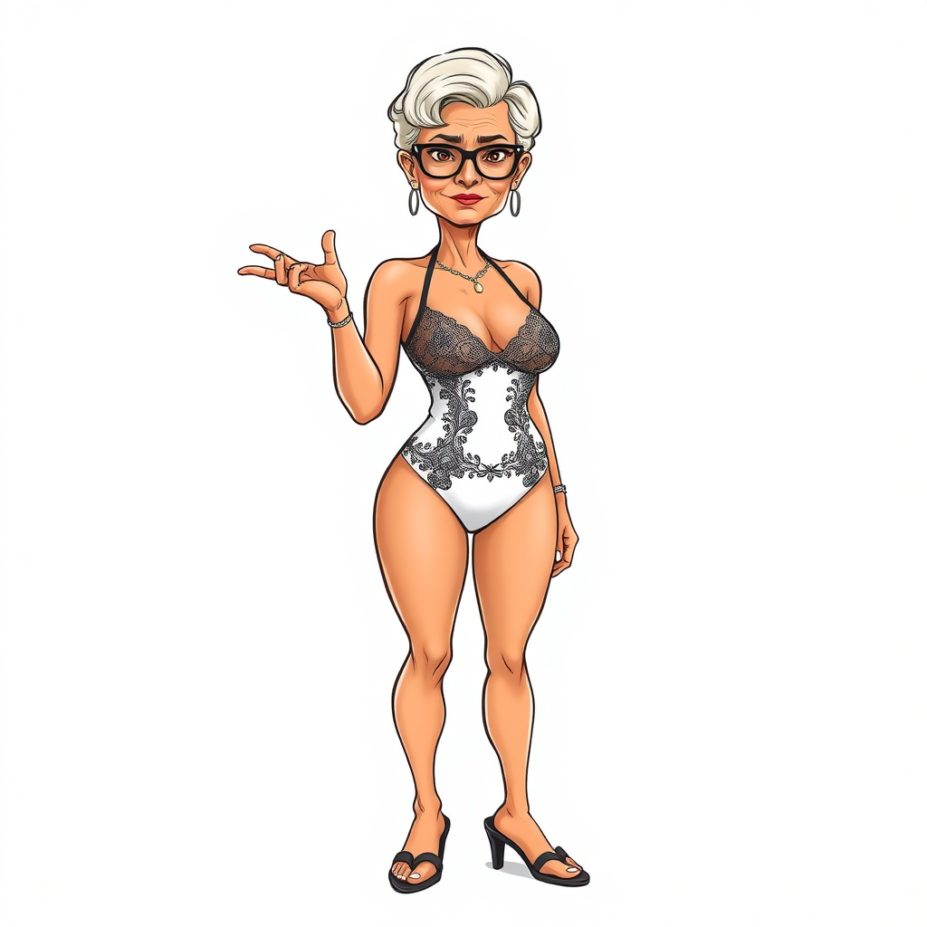 a towering 55 Years old, fit, slim, European, Latina, sharp aquiline nose, wrinkles, high cheekbones, Middle Eastern, Skinny, Tanned skin, Dark light skin, Rounded Medium breasts, Skinny thighs, full Makeup, jewelry, Serious face, Sharp nose, Ash hair, short bowl haircut, Brown eye color, Glasses, with detailed features. she is wearing embroidered black mesh balconette bras and a tight white high cut 1980s mesh cut out swimsuit, detailed fabric.  full body, high heels sandals, she is inviting gesturing at the viewer, sweating, 
long establishing shot, 2D, caricature, cartoon, Sketch lines, coloring book, coloring book style on white background, well composed, clean coloring book page, No dither, no gradient, strong outline, No fill, No solids, vector illustration, realistic proportions