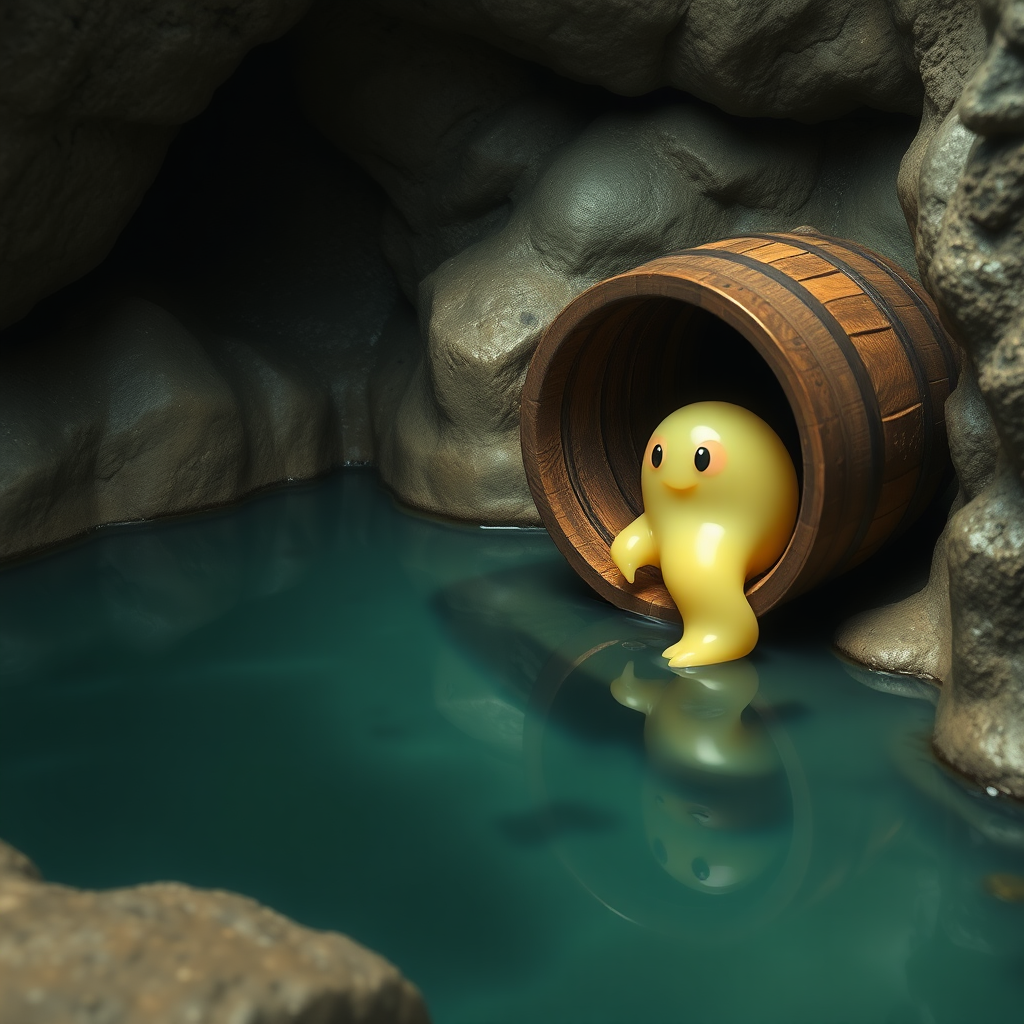 A small pool in a cave with a wooden barrel next to it that has a small round transparent pale yellow ooze monster crawling out of the barrel.