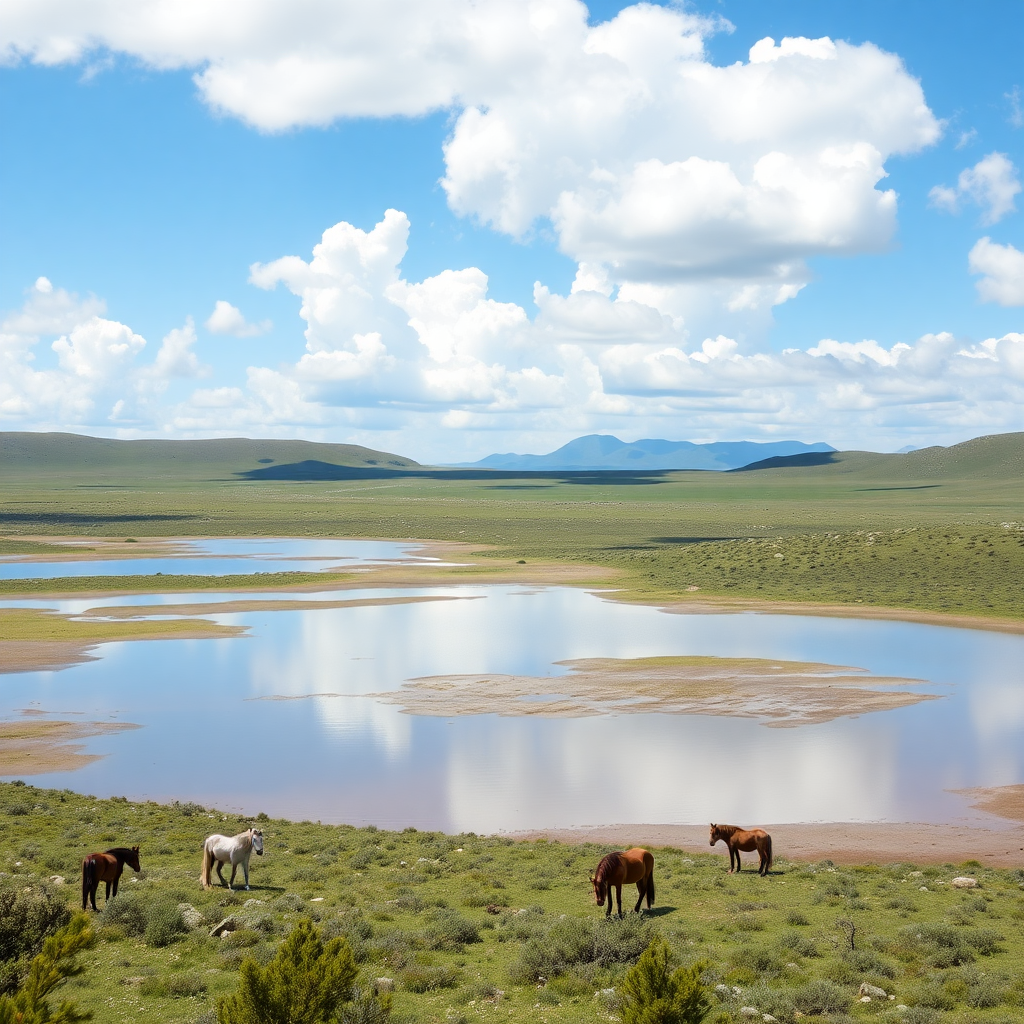 Long plateau with its roan ponies and Mediterranean vegetation, including rockrose, myrtle, oaks, junipers, with small lakes under a blue sky and white clouds.