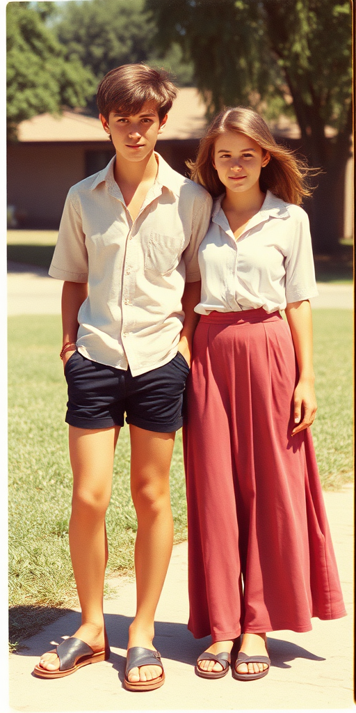 Vintage photo, 1980s. Hot summer. Chile. A tall skinny 13yo teen boy wearing short shirt, tight booty shorts, long legs, bare thighs. With a girl wearing shirt, long skirt. Full length view.