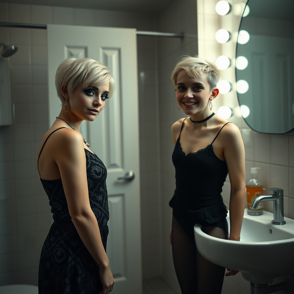 photorealistic, ultra high resolution, 16K, surreal fantasy, studio lighting, a 35 year old mother who is fully dressed for work is watching her pretty 14 year old goth son, slim male physique, short blonde hair, goth makeup, earrings, pantyhose, white ballet shoes, in the bathroom, excited smile, facing the camera.