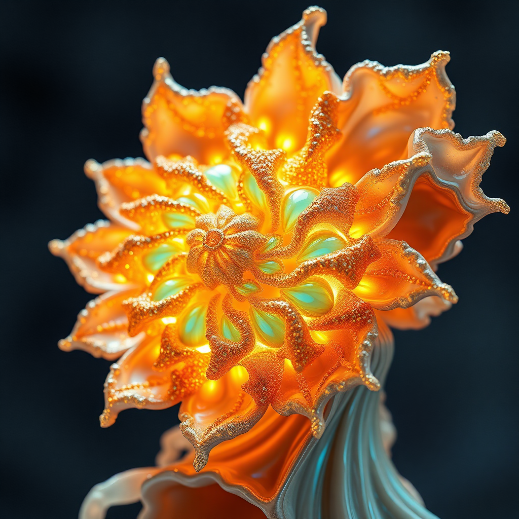 statue, mandelbulb fractal, ultra-detailed, dynamic composition, artistic photograph, fractal, brilliant colors, glittering, illumination, transparency, translucent, turquoise, gold, romanticism, sharp focus, abstract pottery, floral, mother of pearl, iridescent